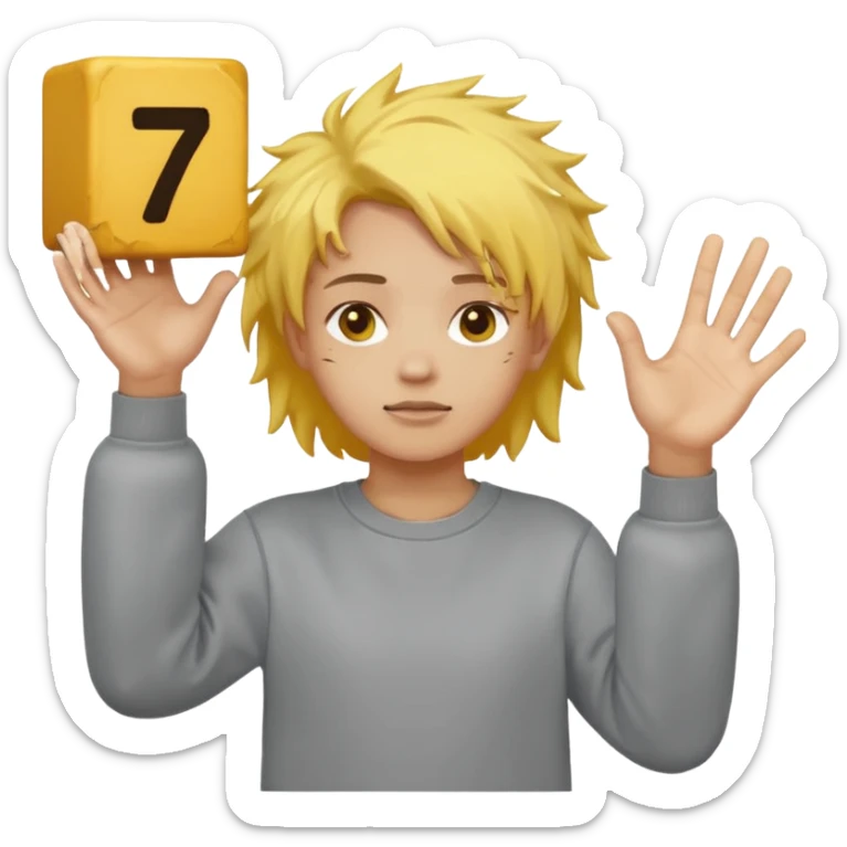 in a grey sweatshirt and yellow messy hair hold his hands out one hand hes holding a block that says 6 and in his other and a block that says 7 sticker