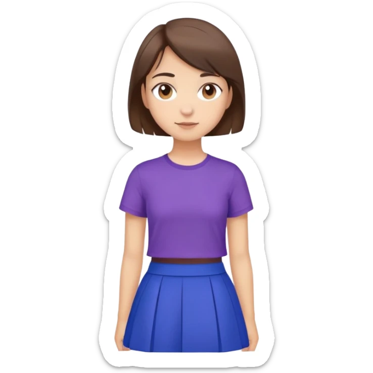 niña pelo corto marron ojos marones camiseta lila falda azul sticker