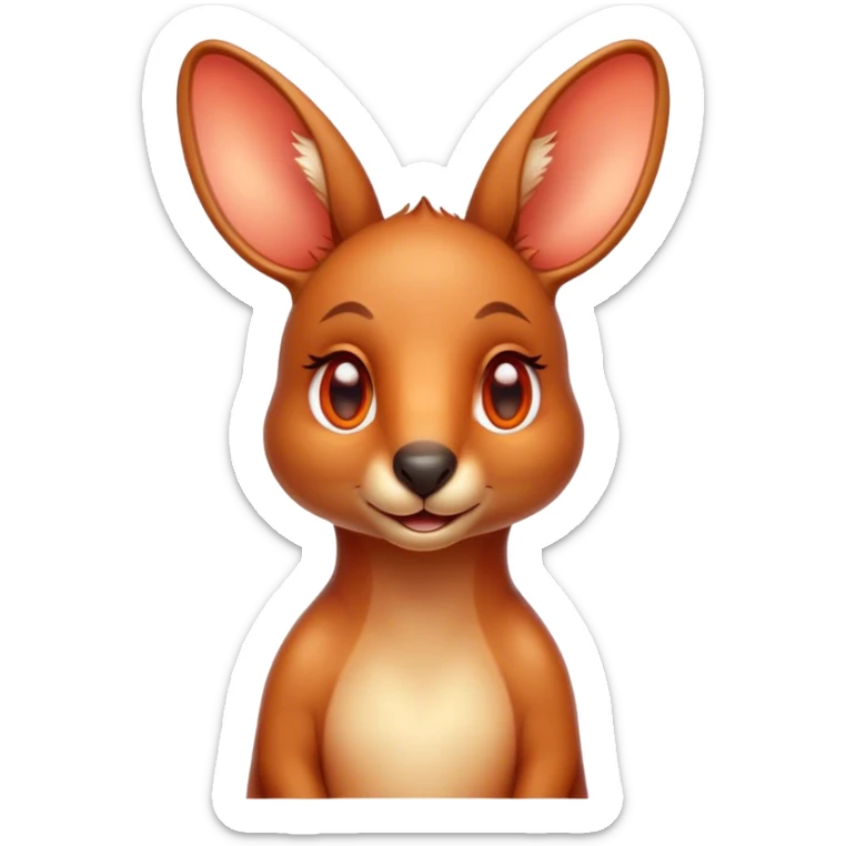 Cinematic Cute Kangaroo Portrait Emoji, Head tilted playfully and inquisitively, featuring a glossy red-orange fur with soft, rounded ears and round, sparkling amber eyes full of curious mischief, Simplified yet irresistibly adorable features, highly detailed, glowing with a warm, friendly glow, high shine, affectionate and bouncy, stylized with a touch of outback whimsy, bright and endearing, soft glowing outline, capturing the essence of a mischievous yet loving kangaroo, so playful it feels like it could hop out of the screen and into your arms! sticker