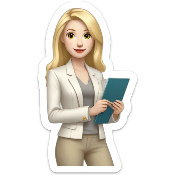 Full height pale skin woman with blonde Straightened Hair to shoulders, White classical jacket, beige Arrow pants and gray blouse holding a color palette in the hands sticker