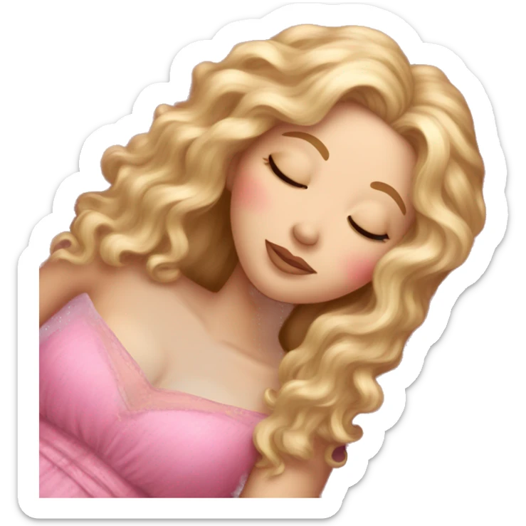 gorgeous white woman with long blonde curly hair sleeping on pink princess bed sticker