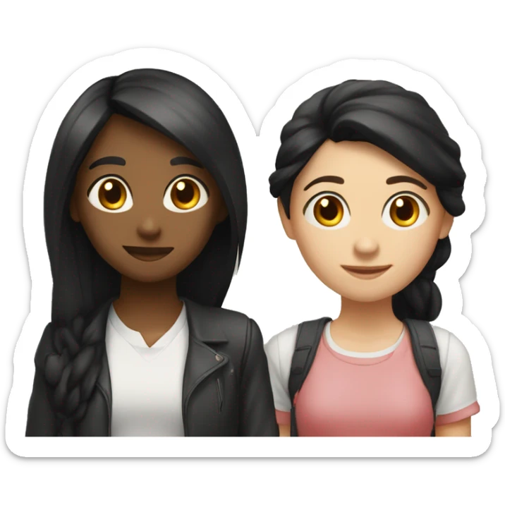 2 girls are standing side by side, one of them has long black hair and an oval face, the other has short black hair and a round face. Both are university students. sticker