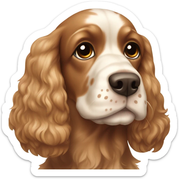 A cocker spaniel with brown ears and a brown face with little spots of white near its snout sticker
