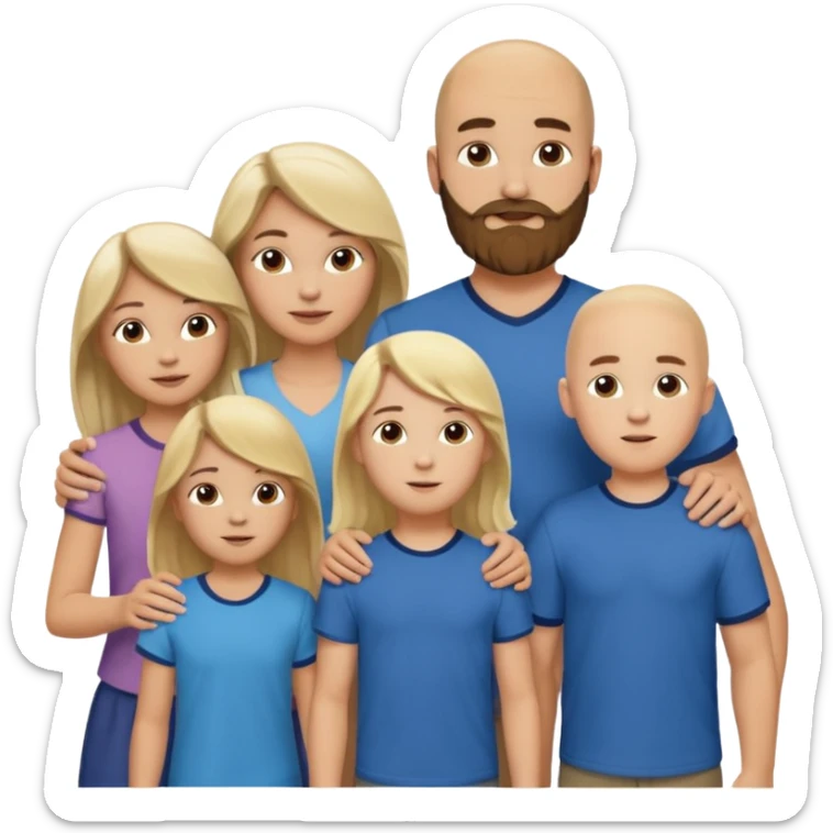 A family of five; Caucasian mom with blond hair, Caucasian dad with a bald head and brown beard, one Samoan boy who is 17 years old with long and wavy brown hair, and two Caucasian children, a 9 year old boy and a 13 year old girl with brown hair. sticker