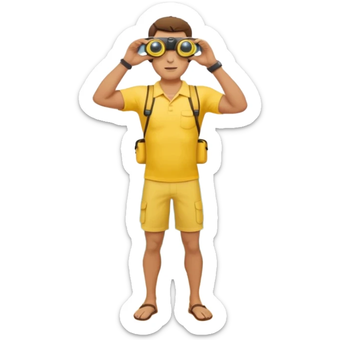 Male lifeguard full body – yellow shirt, binoculars in hand, scanning the sea sticker