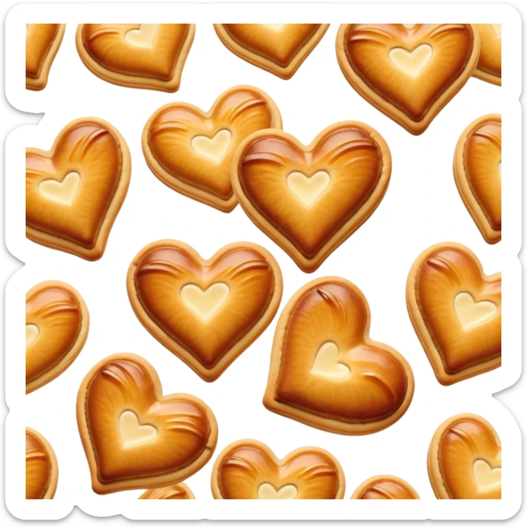 Cinematic crisp palmier, golden-brown heart-shaped pastries, perfectly caramelized layers, delicate and flaky, warm glowing background, inviting and delicious. sticker