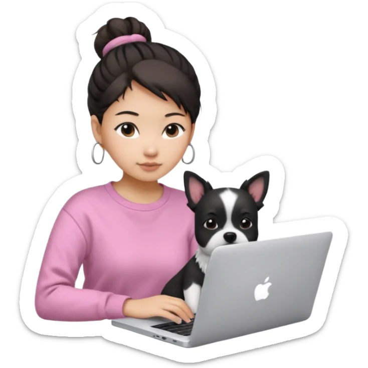 Asian girl with messy bun hair, wearing a white t-shirt, working on an Apple laptop, next to her is a small black and white dog in pink sweater sticker