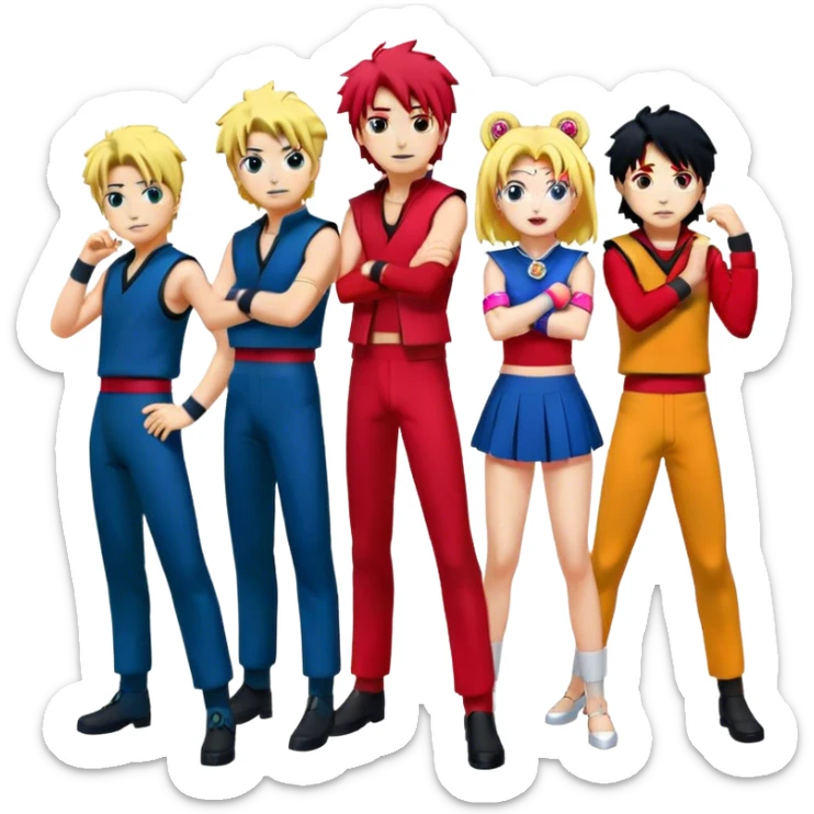 Icon for Anime Collage: Characters from Cowboy Bebop, Naruto, Bishoujo Senshi Sailor Moon and Kimetsu no Yaiba, each in their iconic poses and vibrant outfits, blended together with dynamic backgrounds. Transparent background. sticker