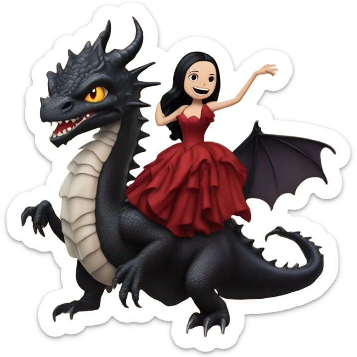 painting Lavish Victorian evening gown, Jenna Ortega as young Morticia Addams Jedi wearing a mini tiara, riding on the back of a very large blood red evil-looking fire-spewing horned dragon sticker
