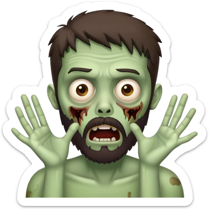 shocked zombie with hands on face, dark brown hair and short full beard sticker