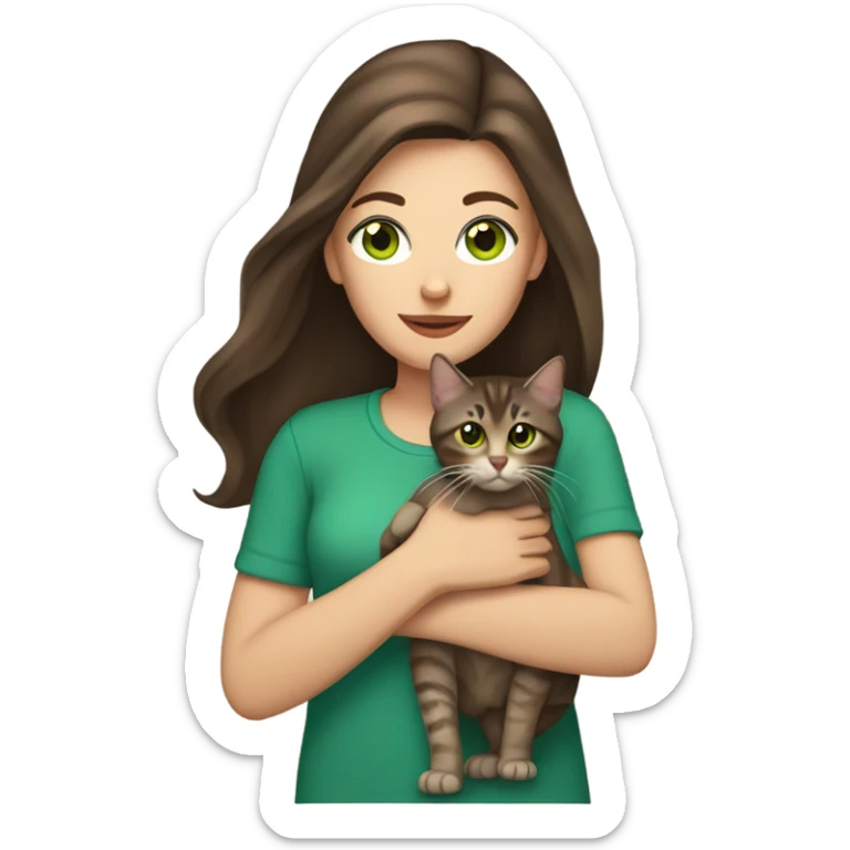 Caucasian woman with long dark brown hair and brown eyes holding a brown tabby cat with green eyes sticker