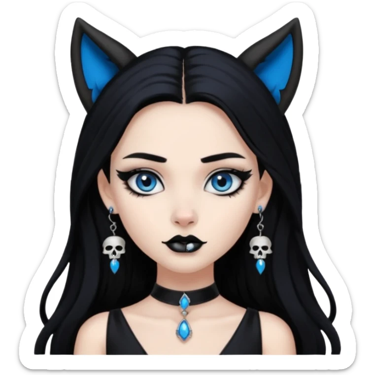 A girl with long black hair and blue eyes, black eyeshadow, black eye liner, mascara, and black lipstick, and black skull earrings. Also a black sexy dress and wolf ears  sticker