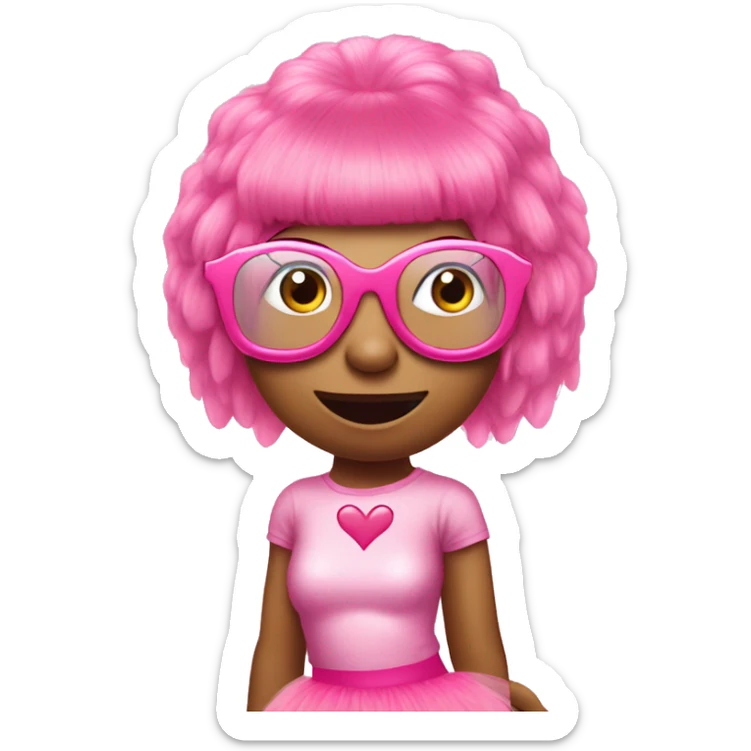 a dinosaur in a pink tutu, pink wig, pink heart glasses with A Nicki Minaj CD sticker