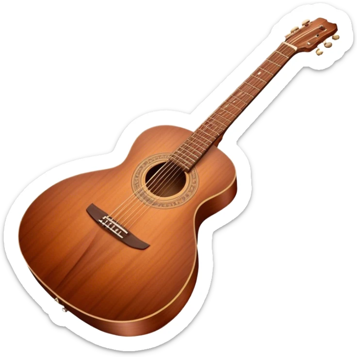 Cinematic Realistic Guitar, smooth mahogany body with intricate wood grain, steel strings reflecting soft light, gentle hand positioning on the fretboard, glowing with warmth and musical soul. sticker