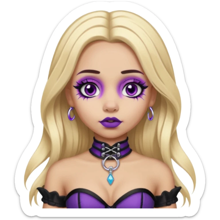 Ai light skin girl , who has straight long length blonde hair with heavy purple streaks , hazel eyes , and doll like makeup , with a septum piercing, nostril piercing, in a black corset emoji sticker