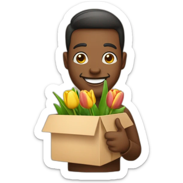 The man holds a box in which lies tulips made of wood and smiles. The man has a beautiful smile sticker