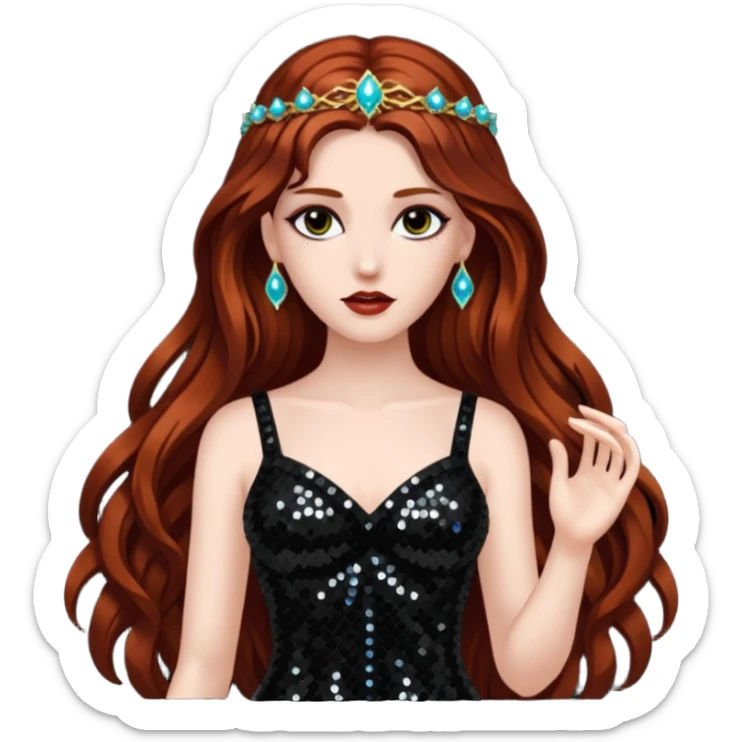 Persephone, Goddess of Death from Gods and Goddesses with long dark auburn hair, black sequin outfit sticker