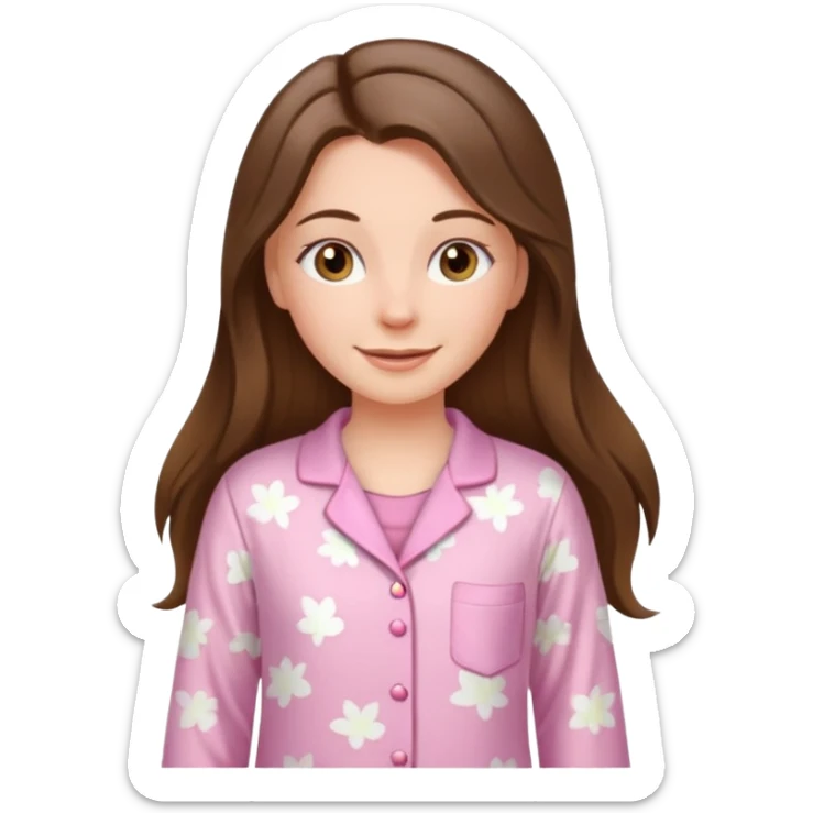 happy white long brunette hair girl with hazel eyes and in light pink pajamas sticker