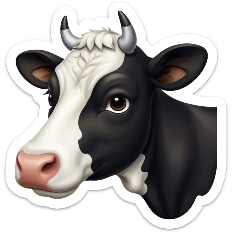 Cinematic Noble Black and White Cow Portrait Emoji, Poised and regal, with a large, sturdy build and a striking, well-groomed coat of pure black accented by crisp white patches, deep-set soulful brown eyes, Simplified yet sharp and sophisticated features, highly detailed, glowing with a soft, dignified glow, high shine, intelligent and calm, stylized with an air of modern elegance, focused and attentive, soft glowing outline, capturing the essence of a watchful and confident bovine guardian, so majestic it feels as though it could stride out of the screen with effortless authority! sticker