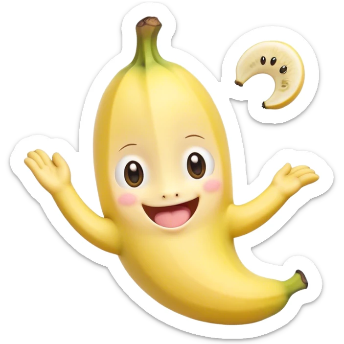 Cute Kawaii Banana, slightly curved, soft pastel yellow, cute giggling face with big round eyes, tiny arms waving happily, a peeled section revealing a smiling expression! sticker