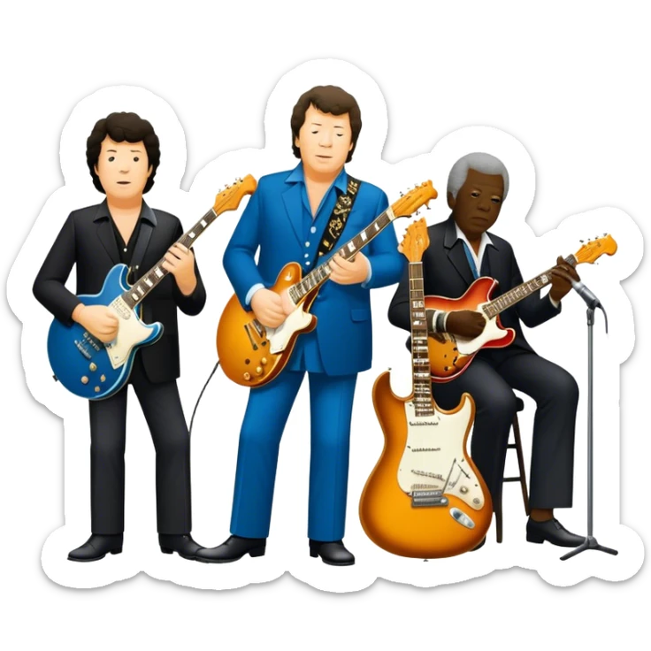 Icon for Blues Music: collage of legendary blues artists. Gary Moore, Eric Clapton, B.B. King and Joe Cocker. Represented by silhouettes or symbolic items like guitars, microphones, or music notes, reflecting the soulful energy of blues music. Transparent background. sticker