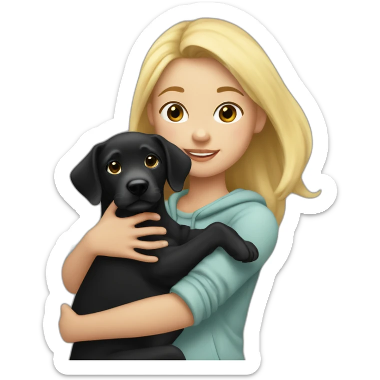 A blonde girl  with smooth hair and a ray in the middle of his hair, she has light skin a few freckles, and she wear a hoodies and she Carries in his arms a black baby labrador dog  sticker