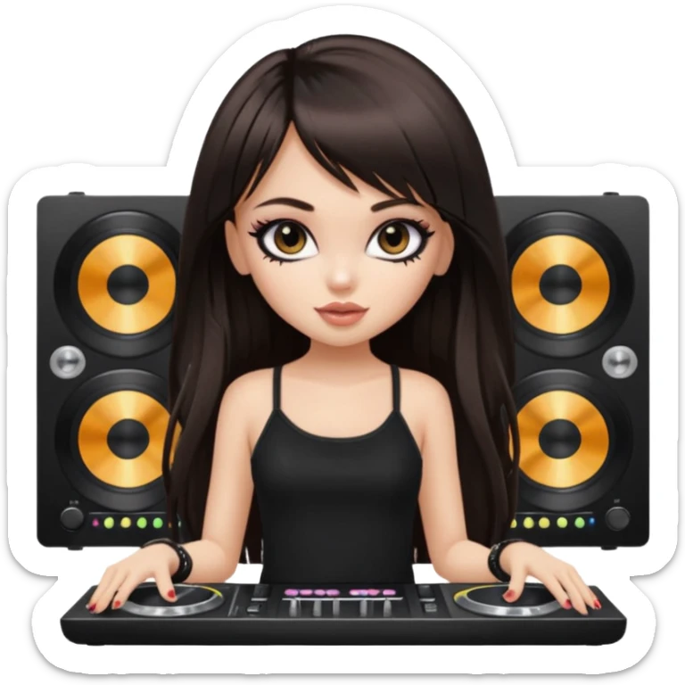 generate a pretty bratz girl in black cami top, dark brown straight long hair with bangs, eyeliner on, djing, fair sticker