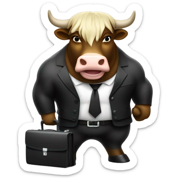 big muscular bull wearing black suit and holding a briefcase full of money with happy face sticker