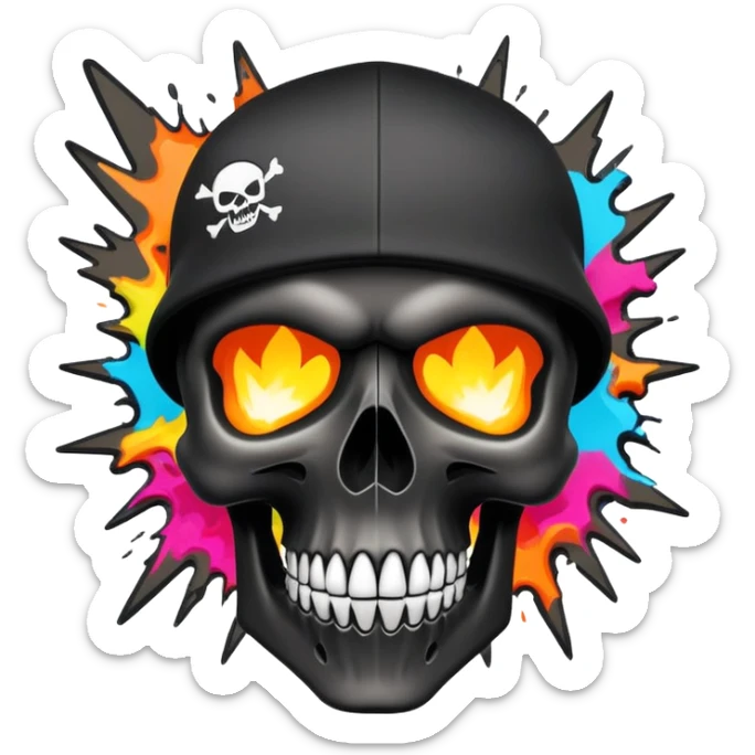 smooth black skull with wild graffiti explosion and hypebeast streetwear brand logos, angled view sticker