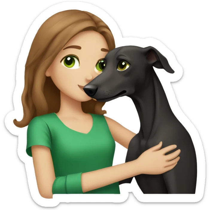 One girl with long brown hair and green eyes hugging her galgo black sticker
