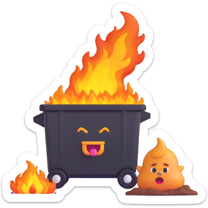 Donald Trump combined with a poop emoji, with a dumpster on fire in the background sticker