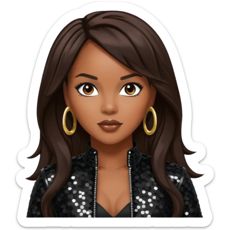 LeToya Luckett with long dark brown hair, black sequin tour outfit  sticker