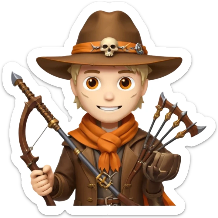 male human monster hunter emoji, wearing brown leather coat and wide hat, holding crossbow or rifle, with amulet shaped like skull, Halloween fantasy theme, confident smile, orange scarf, Apple emoji style, clean white background, square image sticker