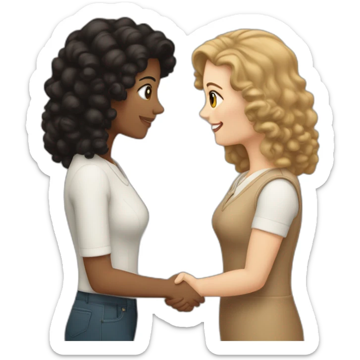 tan mid-sized woman with black curly hair shakes hands with a mid-sized pale woman who has straight light brown hair sticker