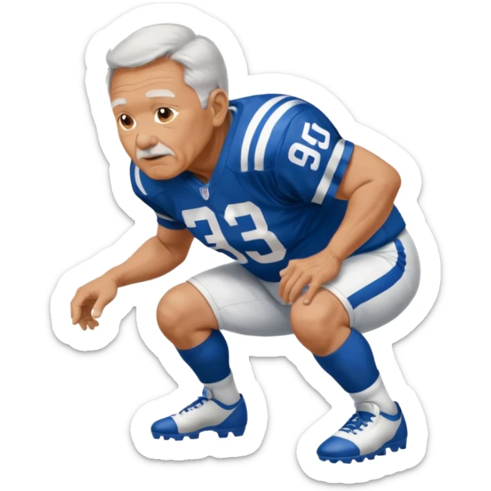 A grandpa playing football wearing an Indianapolis Colts jersey is. Show him kind of crouch down to the ground, holding the football and show  back of his jersey. sticker