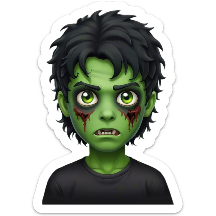 boy zombie with black curly hair mullet with green skin with black shirt sticker