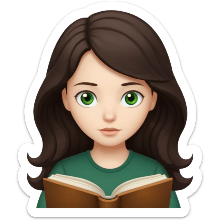 Long wavy dark brown haired, white skinned, dark green eyed girl reading a book sticker