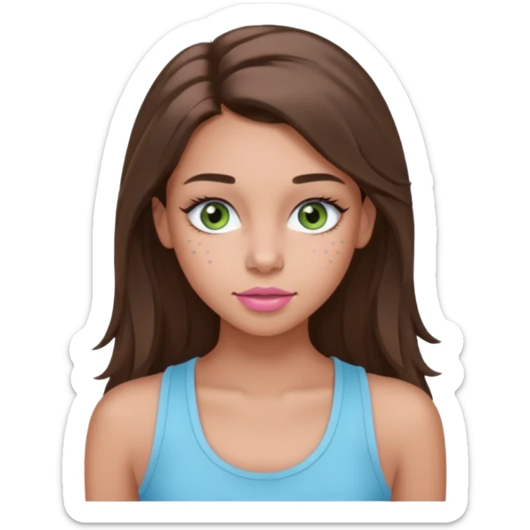 Create a teen girl wearing a light blue tank top. She will have long brunette hair, tan skin, pink lips, and grey-green eyes. She has long eyelashes. She also has light freckles  sticker