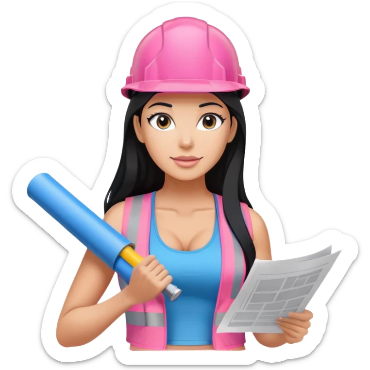 pink construction hat, blue print in hand, long black hair tanned woman, black sports bra, pink vest, sexy sticker