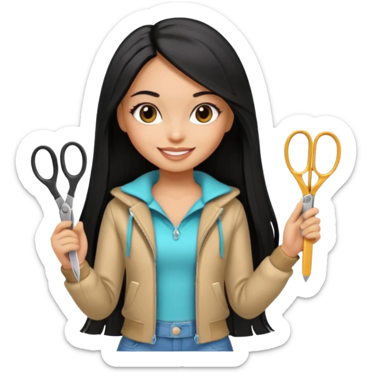 a pretty tan bratz girl with black long straight hair smiling and holding scissors sticker