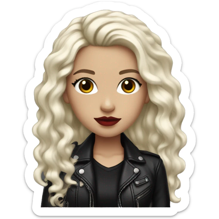White girl, with long curly black hair, with red lipstick, black winged eyeliner, wearing black shirt and black leather jacket sticker