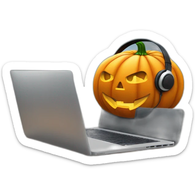 halloween pumpkin in headphones sitting in front of a laptop sticker