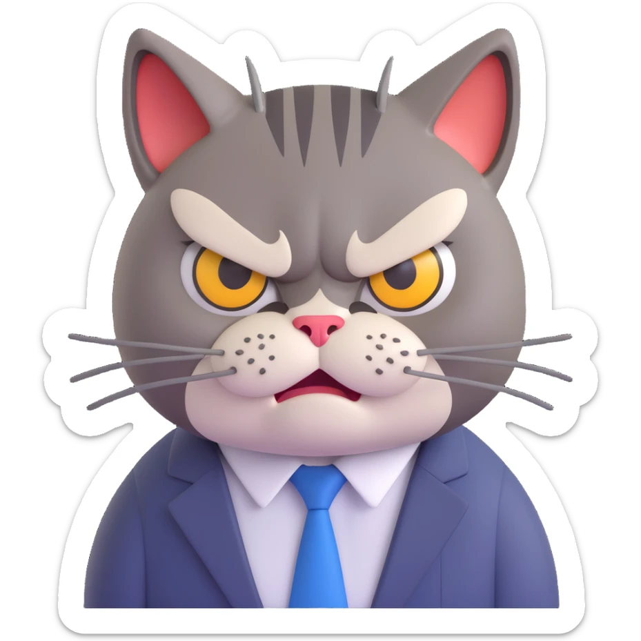 close-up of very angry exhausted cat's face in office attire, furrowed brow, glaring eyes, showing frustration and irritation after a 12-hour workday and terrible week, no table or background, just the cat's face sticker