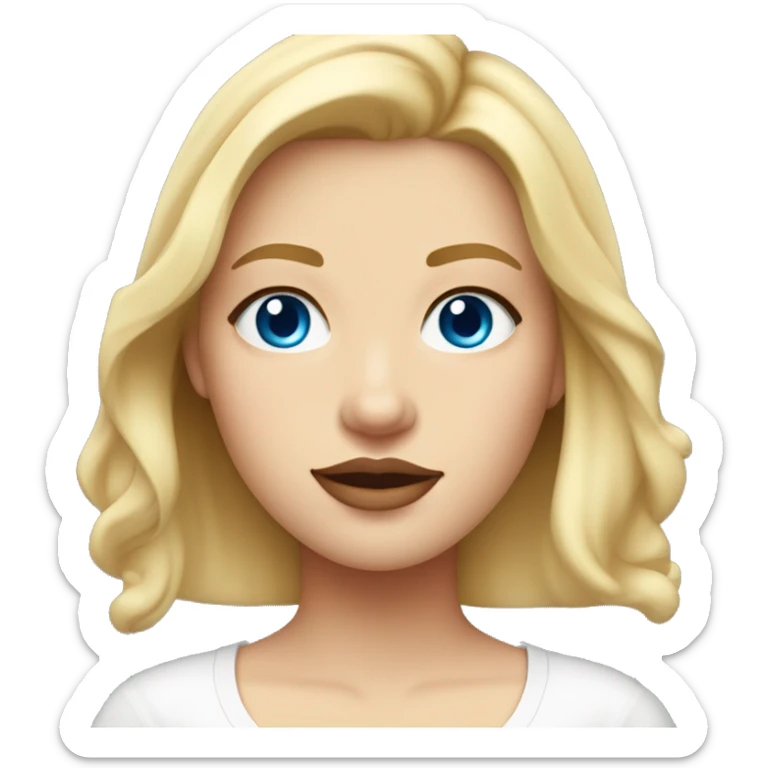 Blonde girl of medium length hair blue eyes plump lips light skin in a white T-shirt sticker