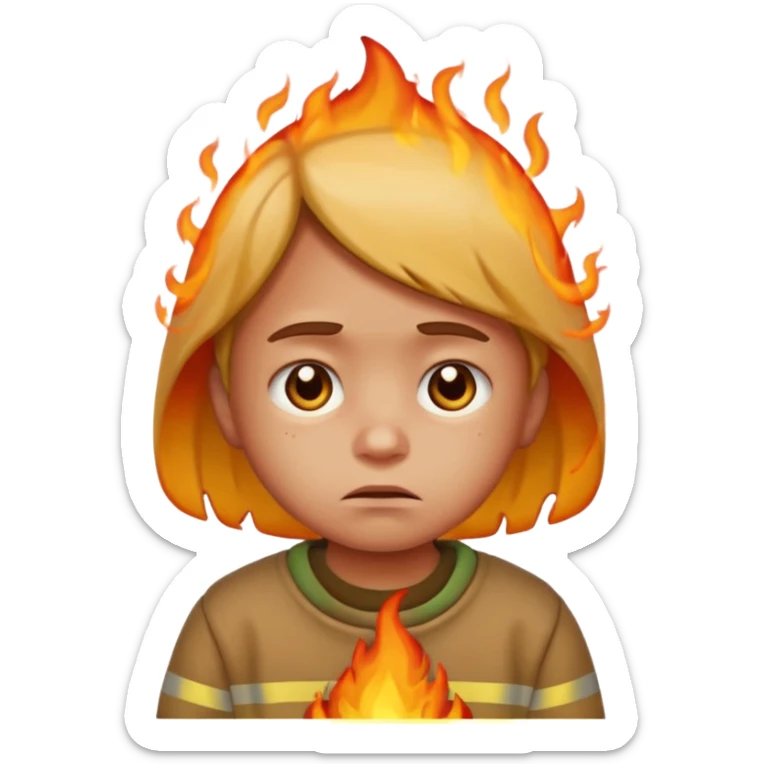 sad small child with street burning in the background, apple style emoji sticker