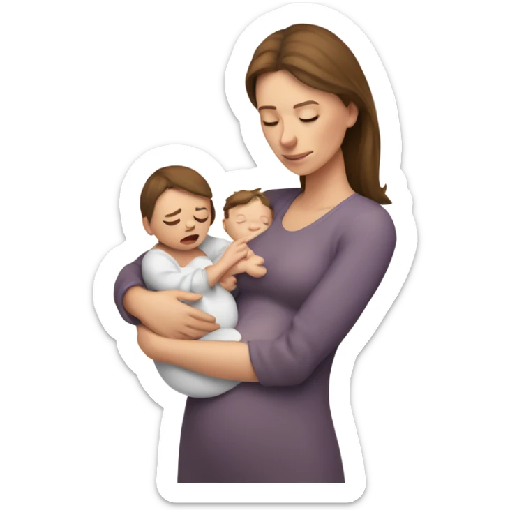  tired caucasian mother with brown hair, no smile,  holding newborn baby sticker