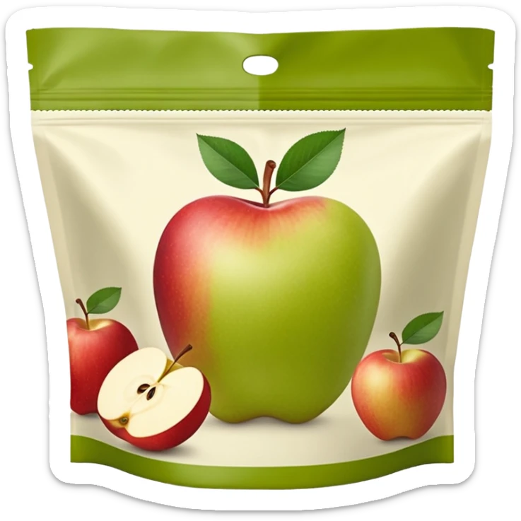 Ein weicher, bunter Standbeutel für Kinder, gefüllt mit püriertem Obstmus. Oben hat er einen kleinen wiederverschließbaren Schraubverschluss, aus dem Kinder direkt trinken oder saugen. Verpackung wie Babynahrung-Beutel aus dem Supermarkt, mit fröhlichem Obst-Design (Apfel, Banane, Erdbeere). sticker