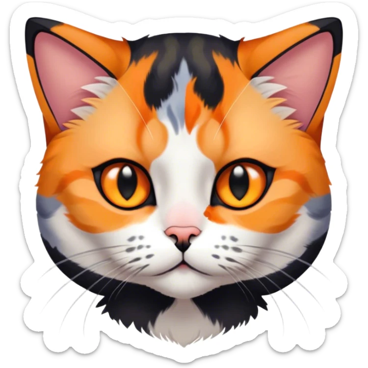 American shorthair calico cat with black fur on the right side of their face and orange on the left side sitting down sticker