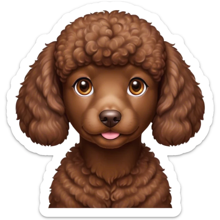 Cinematic Noble Chocolate Poodle Portrait Emoji, Poised and regal, with a refined, elegant build and a meticulously groomed, curly chocolate Fur, deep-set soulful brown eyes, Simplified yet sharp and sophisticated features, highly detailed, glowing with a soft, dignified glow, high shine, intelligent and graceful, stylized with an air of sophistication, focused and attentive, soft glowing outline, capturing the essence of a watchful and confident companion, so majestic it feels as though it could prance out of the screen with effortless authority! sticker