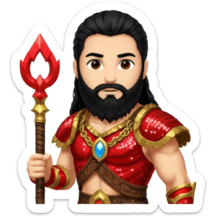 Mars, God of War from Gods and Goddesses with long black hair and beard, red and black sequin outfit, light tan skin sticker